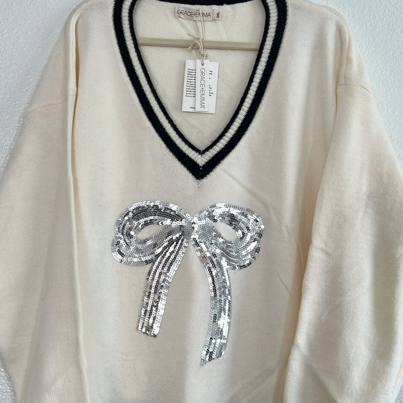 Silver sequin bow varsity style sweater, size 3X - Picture 2 of 6